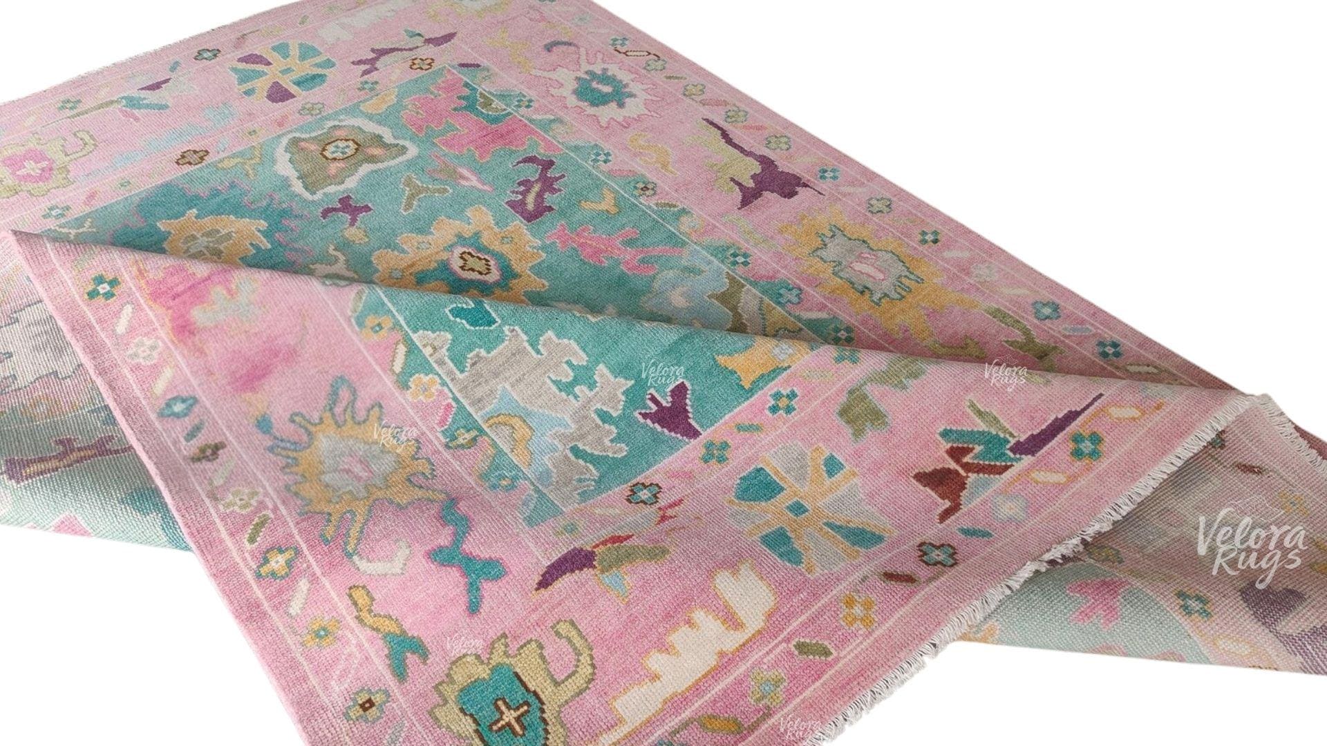 Hand Knotted Pink and Teal Oushak Rug – Modern Wool Turkish Style Carpet, Colorful Floral Oriental Area Rug for Living Room, Bedroom Decor