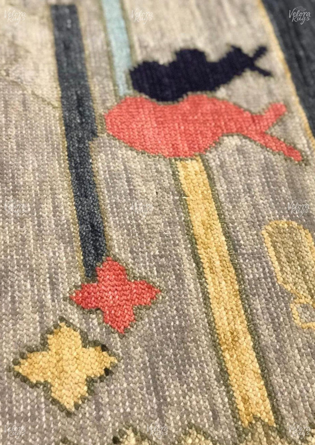 Hand Knotted Wool Oushak Rug: Beige & Black Tribal Carpet