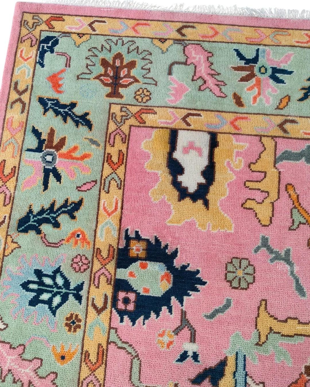 Pink Rug with Pastel Green Border Hand Knotted Woolen Rug, Traditional Persian Style Carpet, Vintage Turkish Tribal Design, Living Area Rug