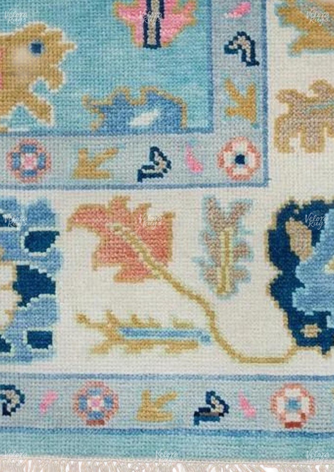 Elegant Hand Knotted Blue Oushak Rug - Antique-Style Contemporary Design, Available in 4x6, 5x8, 6x9, 8x10, 9x12, 10x14 ft | Living Room Rug