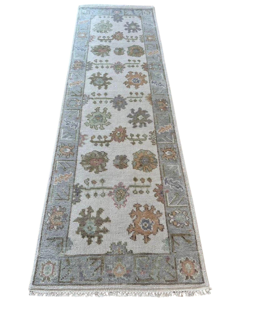 Handmade Oushak design Runner Rug - Cream - Blue color Contemporary Style Wool Runner Rug - Hallway Runner - Kitchen runner - Boho runner