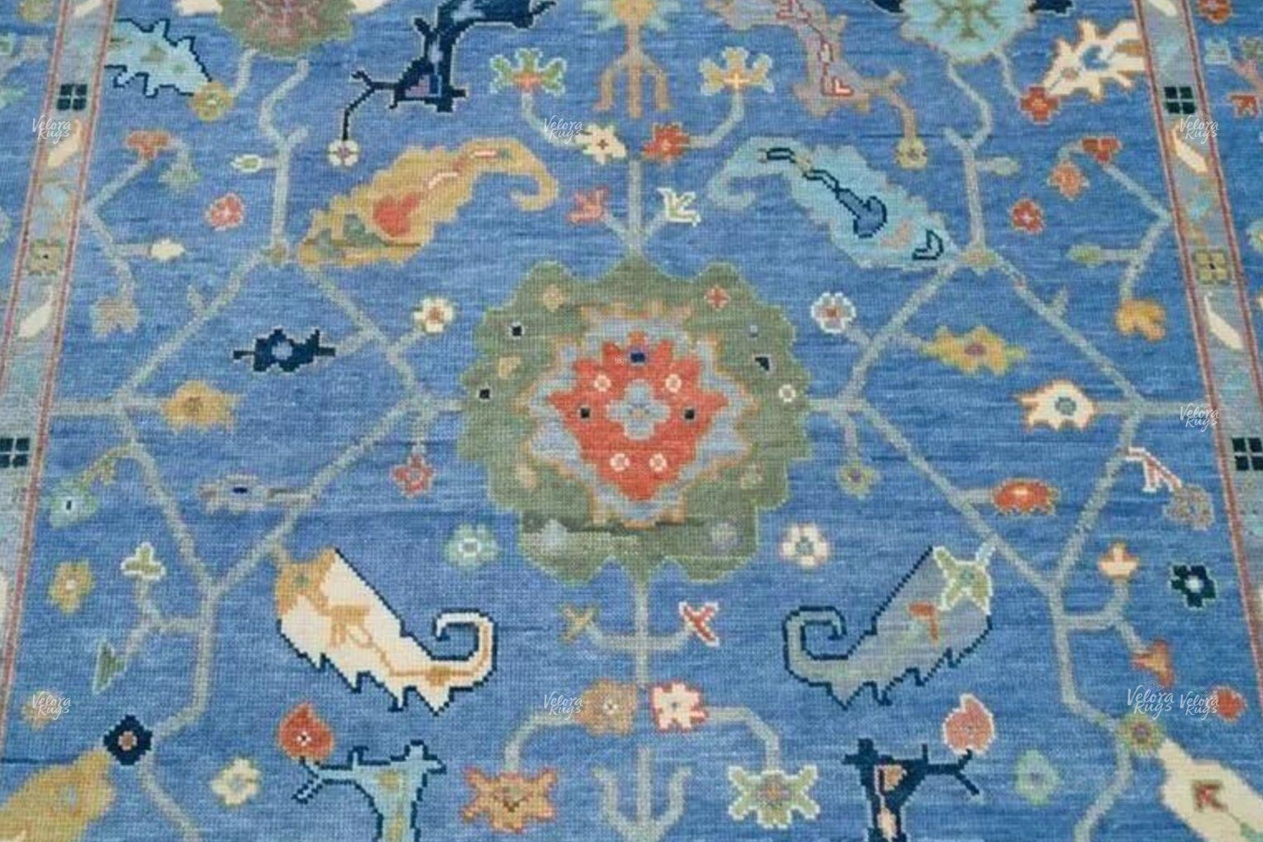 Hand Knotted Wool Rug | Sky Blue Oushak Area Carpet | Traditional Oriental Floral Design | Living Room Home Decor | Vintage Boho Style Rug