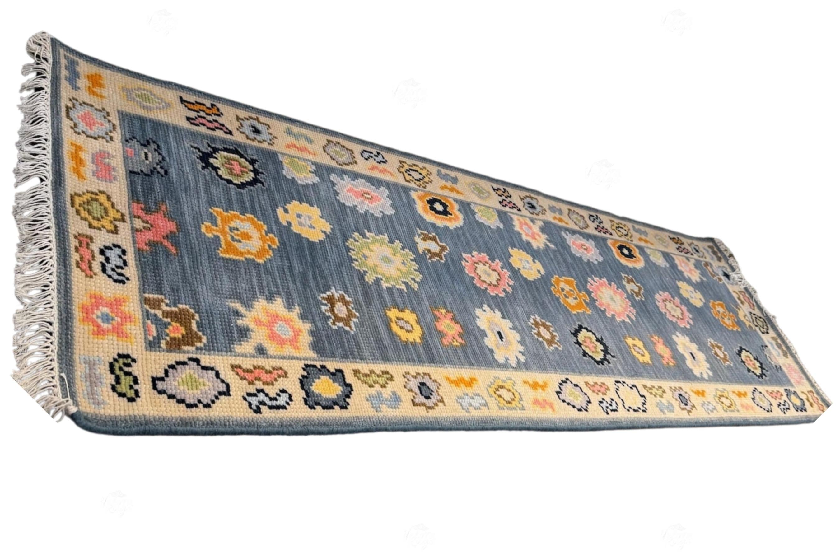 Luxurious Blue Hand-Knotted Oushak Rug- Antique Style Contemporary Design, Available in 4x6, 5x8, 8x10, 9x12, 10x14 ft | Living Room Rug