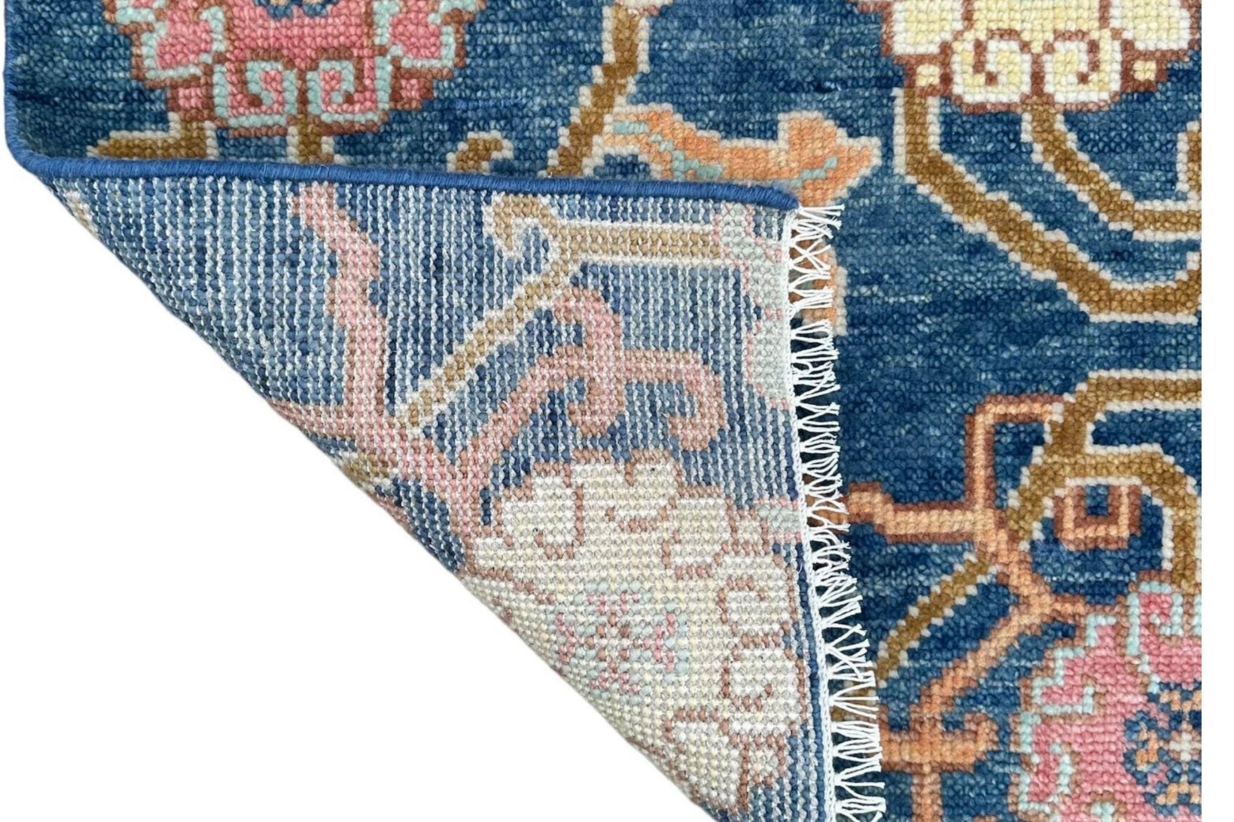 Navy Blue Oushak Runner Rug: Hand Knotted Wool Turkish Carpet - Hallway Runner - Kitchen Runner - Boho Runner Stair Rug | Home Decor