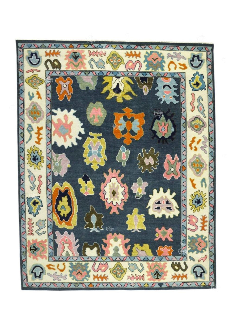 Bright Blue White Oushak Rug - Hand Knotted Wool, Antique Style Modern Abstract Handmade Area Rug in 8x10, 9x12 ft for Living Room & Bedroom