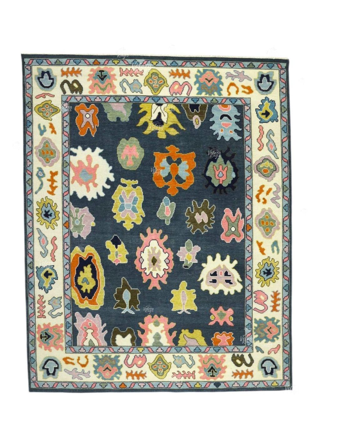 Bright Blue White Oushak Rug - Hand Knotted Wool, Antique Style Modern Abstract Handmade Area Rug in 8x10, 9x12 ft for Living Room & Bedroom