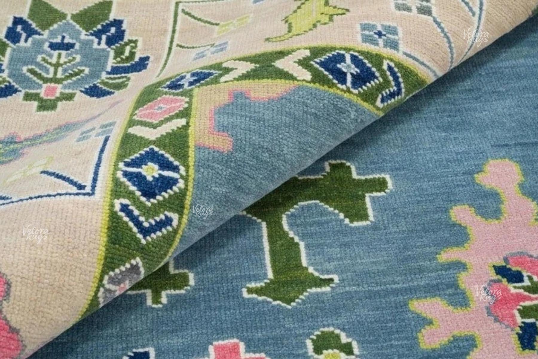 Sky Blue Hand-Knotted Oushak Rug – Modern Turkish Design with Cream Accents | Vintage-Style Wool Area Rug 8x10, 9x12 ft  | Living Room Decor