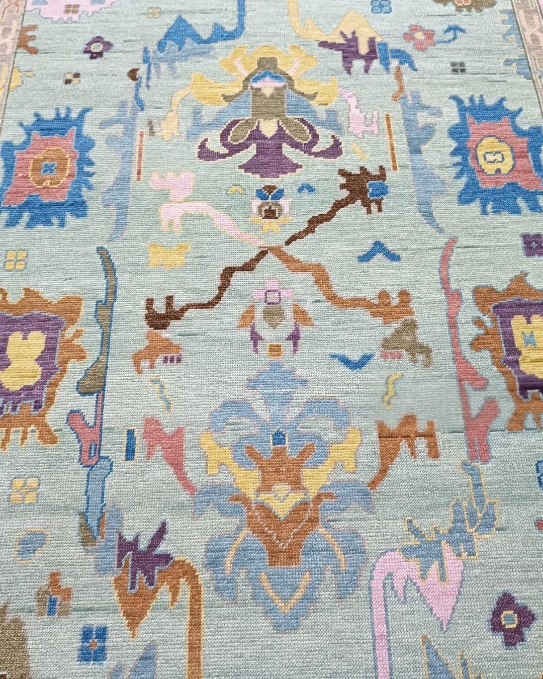 Mint Green Hand-Knotted Turkish Oushak Rug | Pastel Multicolor Area Rug | Soft Vintage Style Wool Rug | Custom Size Living Room Decor