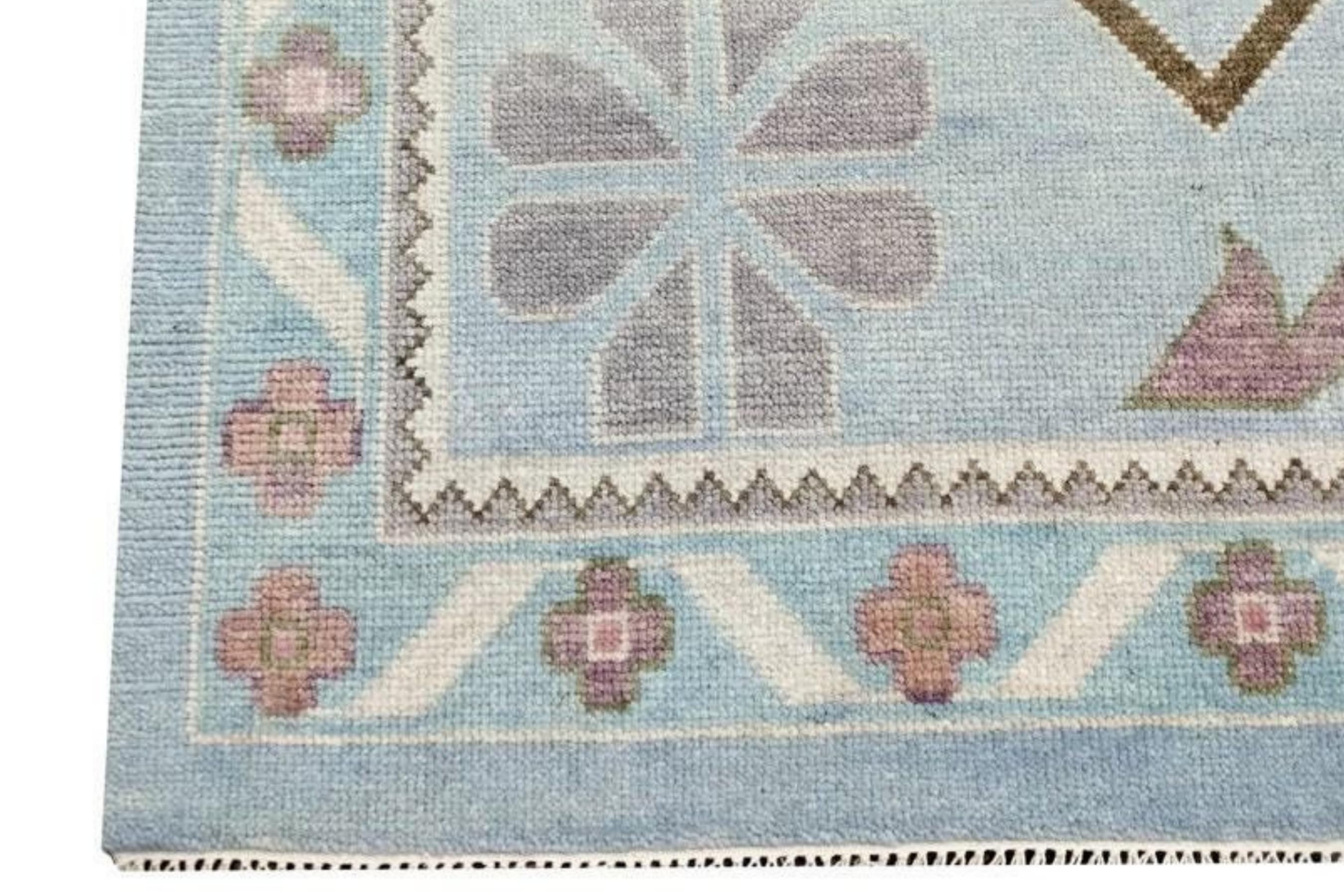 Light Blue Hand-Knotted Oushak Rug, Traditional Turkish Style Wool Area Rug, Handmade Rug for Living Room, Bedroom, or Dining | Custom sizes