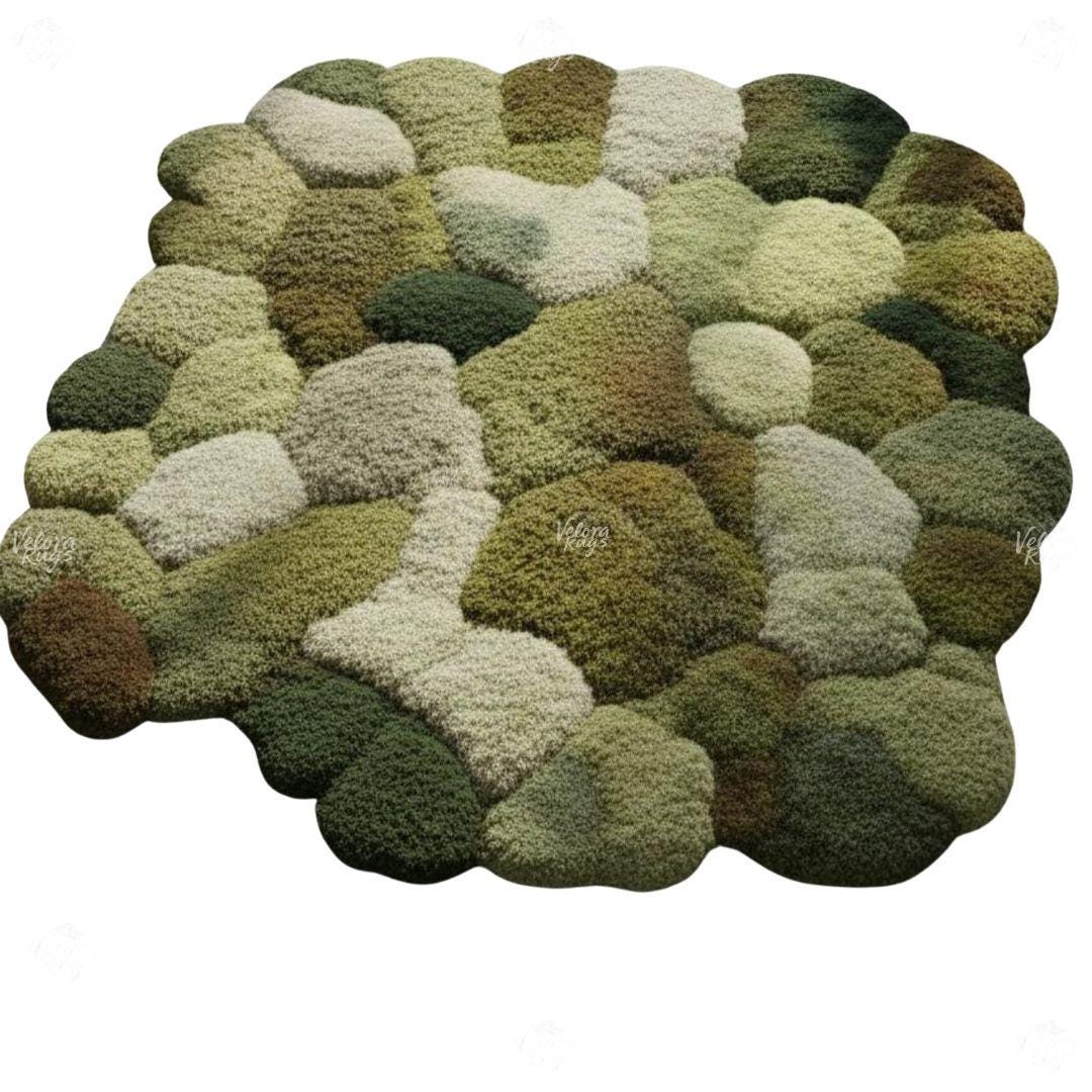Hand-Tufted Moss Rug | 3D Green Pebble Carpet | Nature Inspired Textured Floor Mat | Soft Wool Tufted Area Rug, Living Room & Bedroom Decor