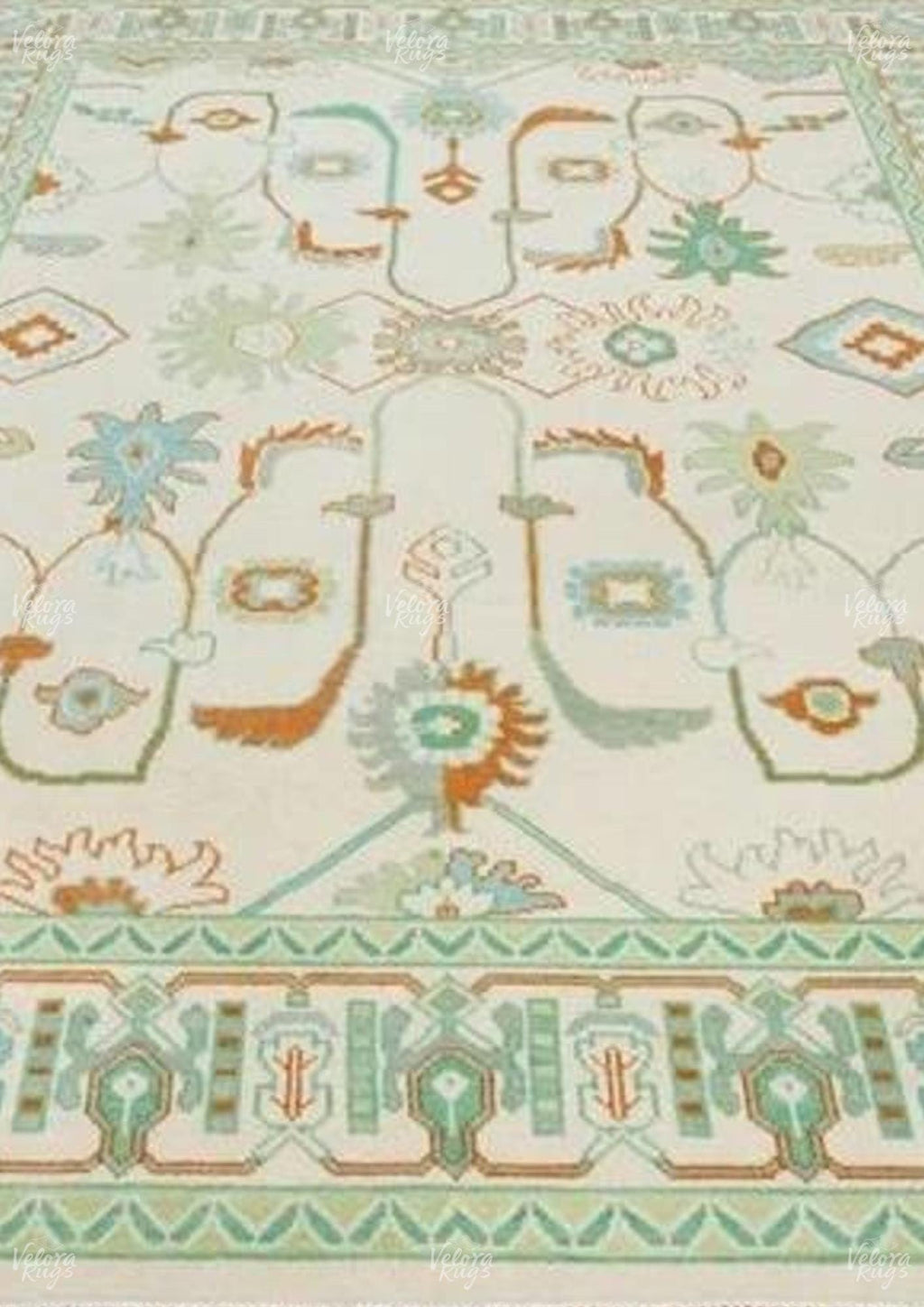 Hand-Knotted Light Green Oushak Rug: Turkish Wool Area Rug
