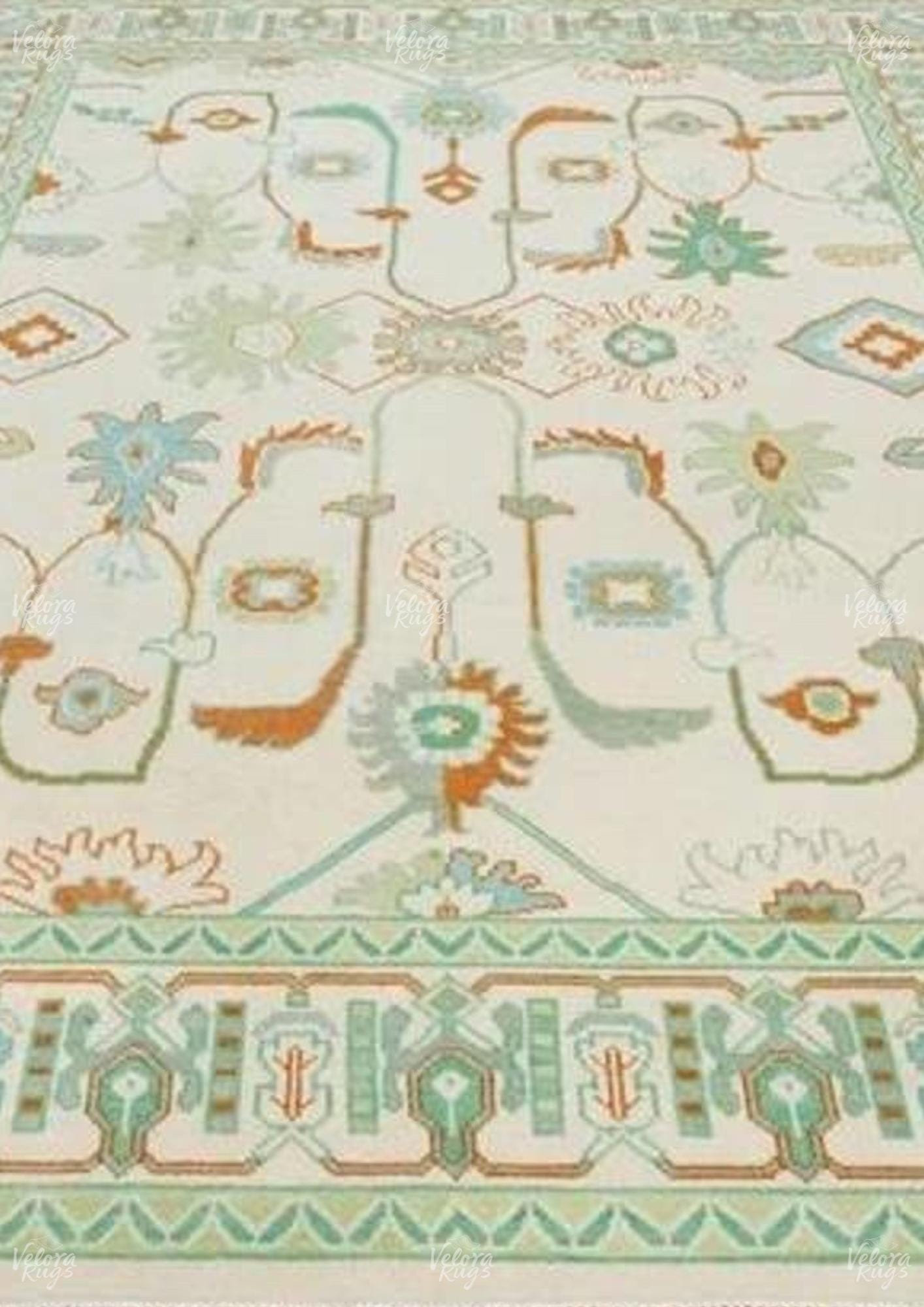 Hand-Knotted Light Green Oushak Rug: Turkish Wool Area Rug