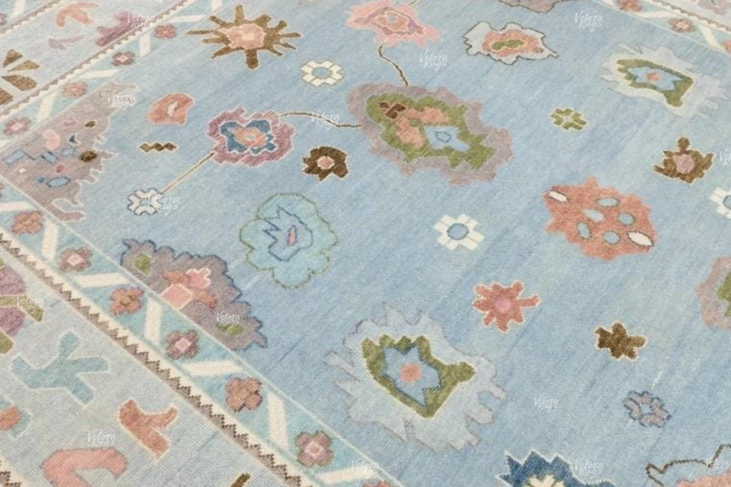 Light Blue Hand-Knotted Oushak Rug, Traditional Turkish Style Wool Area Rug, Handmade Rug for Living Room, Bedroom, or Dining | Custom sizes