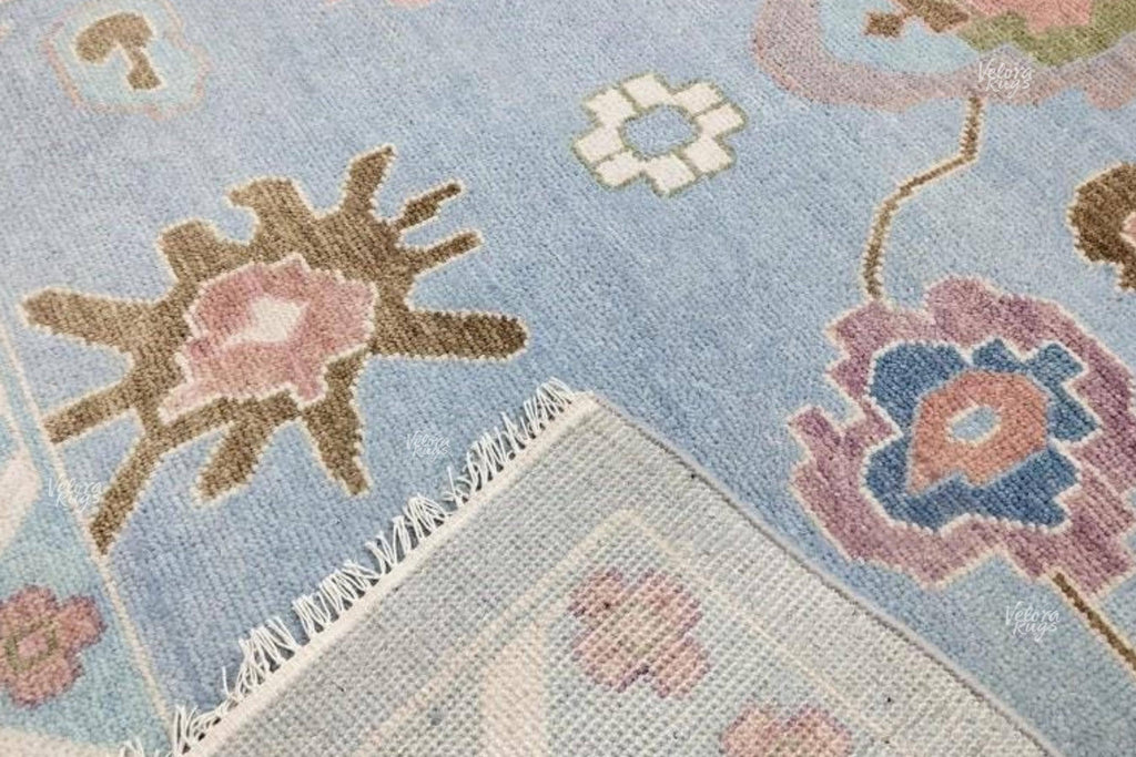 Light Blue Hand-Knotted Oushak Rug, Traditional Turkish Style Wool Area Rug, Handmade Rug for Living Room, Bedroom, or Dining | Custom sizes