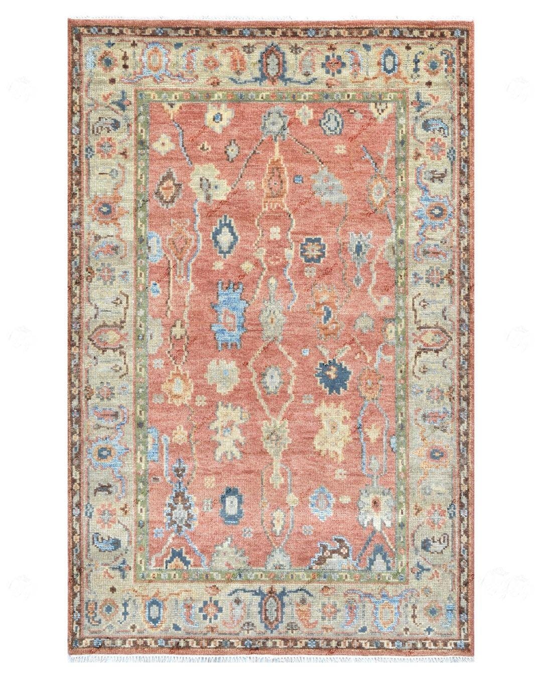 Terracotta Oushak Hand-Knotted Wool Turkish Rug | Burnt Orange Oriental Area Rug | Vintage Style Wool Rug | Custom Size Living Room Decor