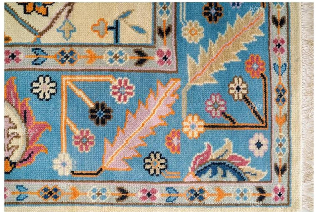 Cream- Lt. Blue Oushak style Hand Knotted Rug 4x6, 5x8, 6x9, 8x10, 9x12, 10x14 ft Contemporary Handmade Rugs for Living Room, Bedroom & Hall