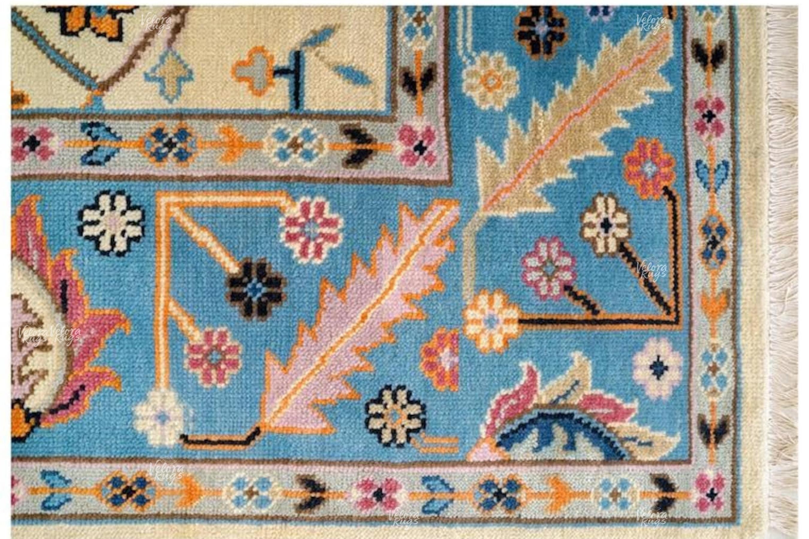 Cream- Lt. Blue Oushak style Hand Knotted Rug 4x6, 5x8, 6x9, 8x10, 9x12, 10x14 ft Contemporary Handmade Rugs for Living Room, Bedroom & Hall