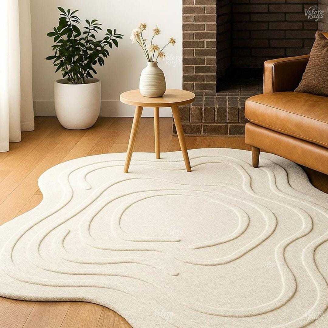 Hand-Tufted Ivory Rug | Modern Abstract Wave Carpet | Minimalist Cream Wool Area Rug | Soft Textured Floor Mat, Living Room & Bedroom Decor