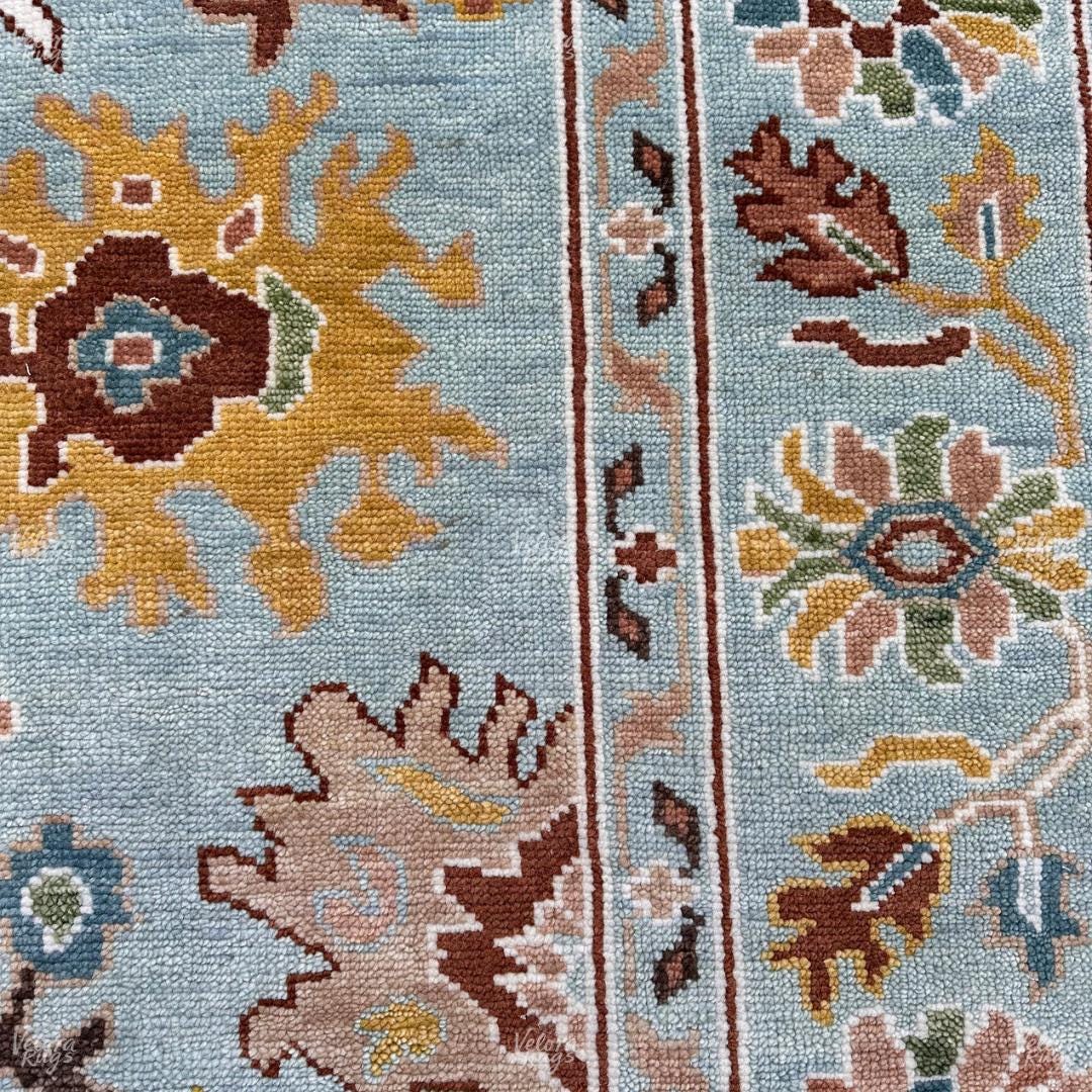 Hand-Knotted Oushak Wool Rug: Light Blue Floral Turkish Carpet 4x6, 5x8, 8x10, 9x12, 10x14 ft Modern Design Handmade Rug for Living Room