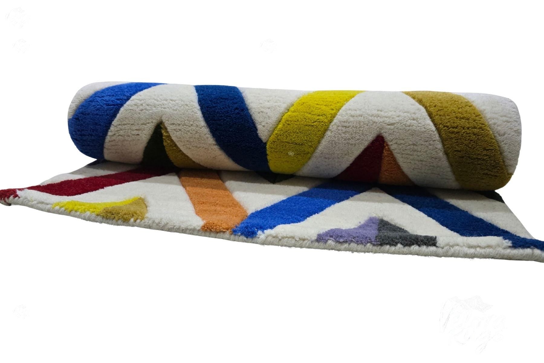 Colorful Geometric Chevron Tufted Rug, Modern Wool Carpet for Living Room, Handmade Abstract Area Rug, Boho Home Decor Floor Mat