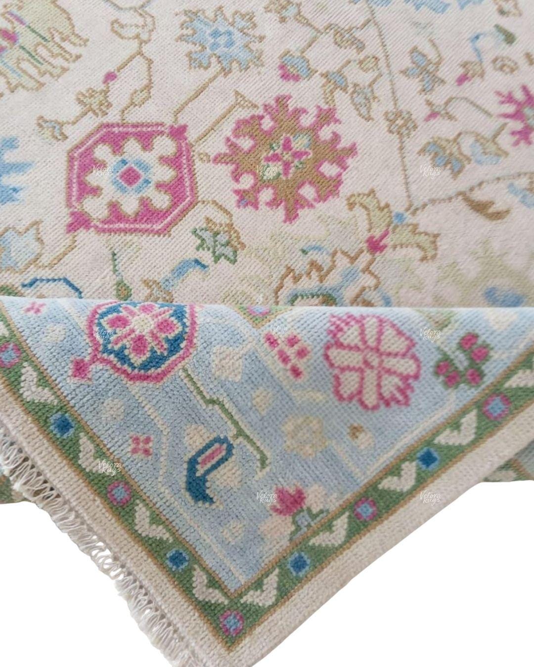 Handmade Blue and Pink Oushak Wool Rug – Turkish Vintage Floral Carpet, Soft Pastel Area Rug For Living Room, Bedroom & Elegant Home Décor