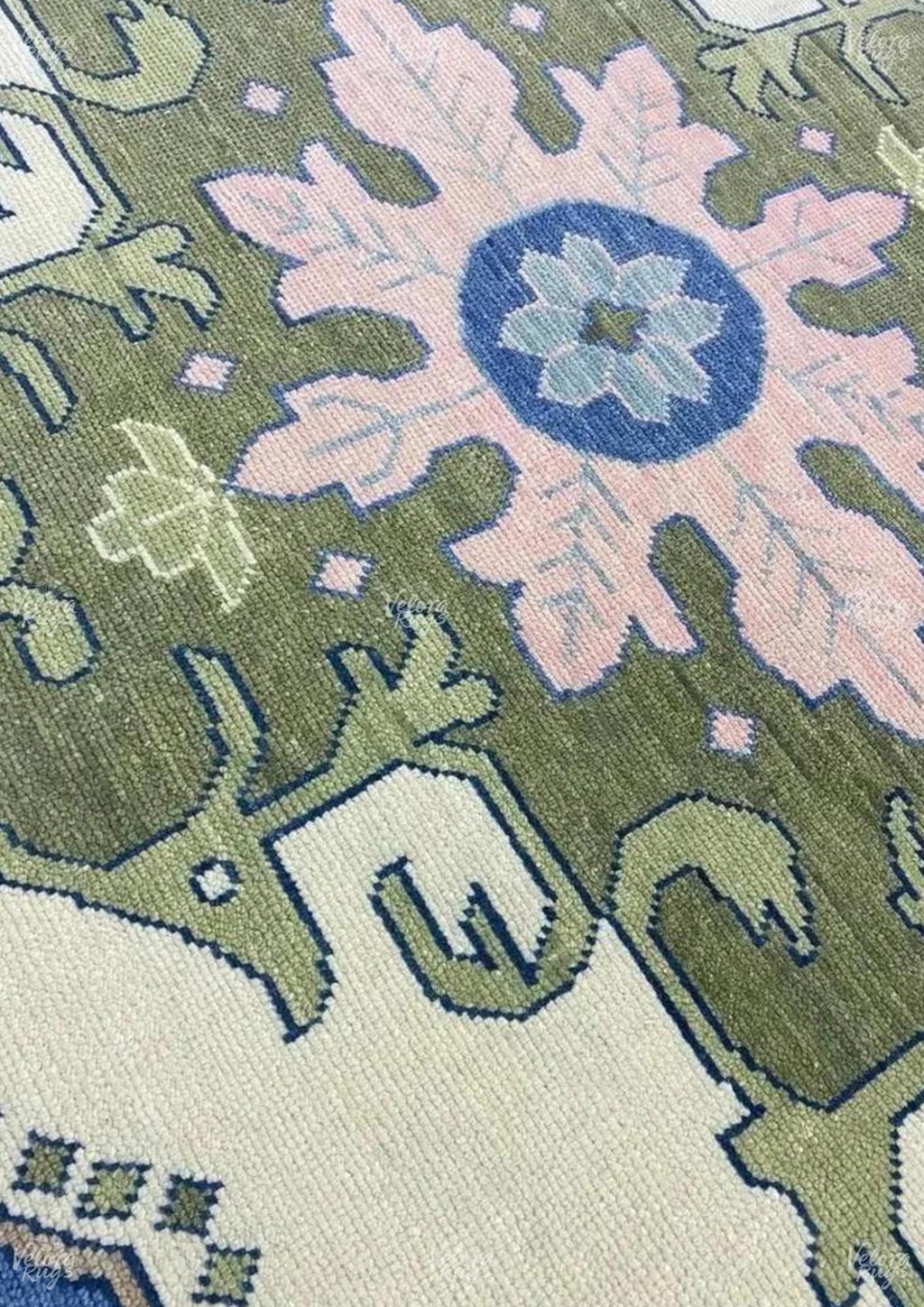 Hand-Knotted Oushak Wool Rug: Blue, Beige & Ivory Turkish Area Rug