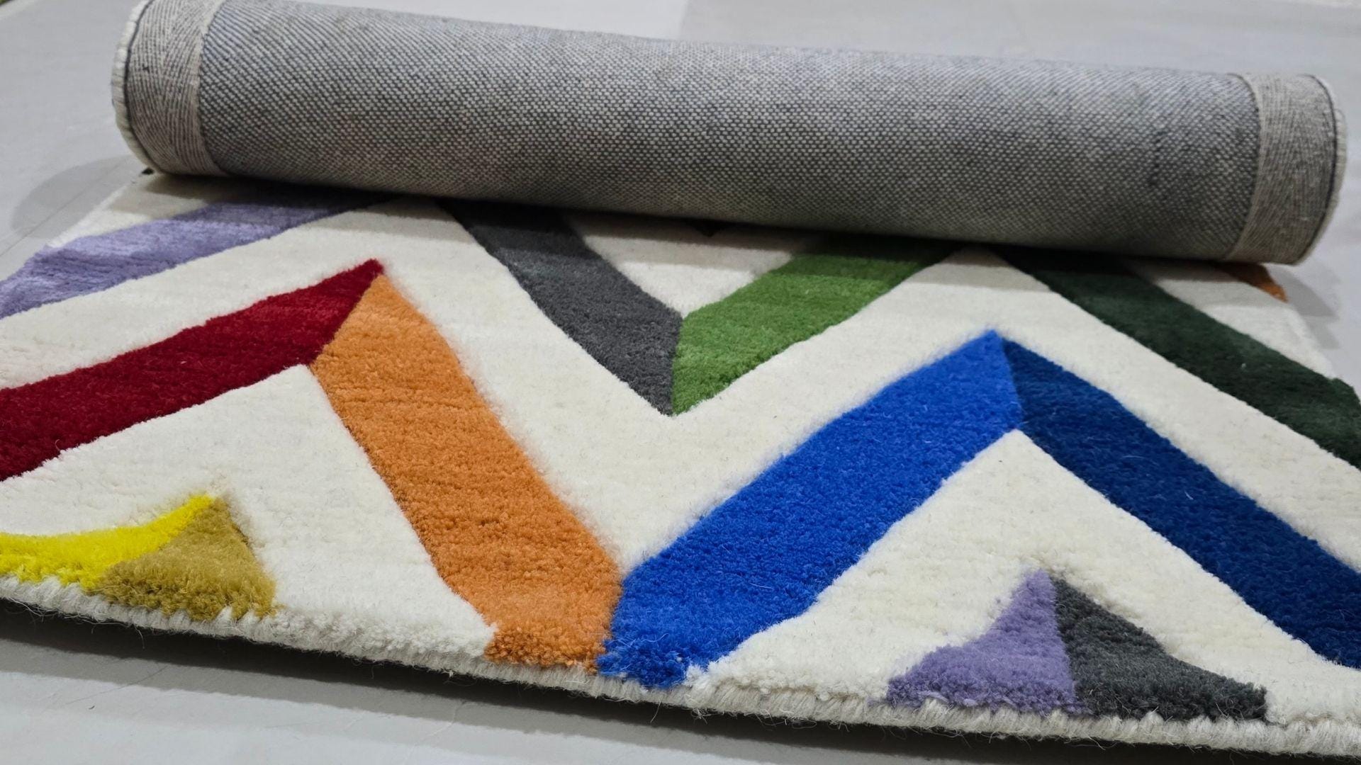 Colorful Geometric Chevron Tufted Rug, Modern Wool Carpet for Living Room, Handmade Abstract Area Rug, Boho Home Decor Floor Mat