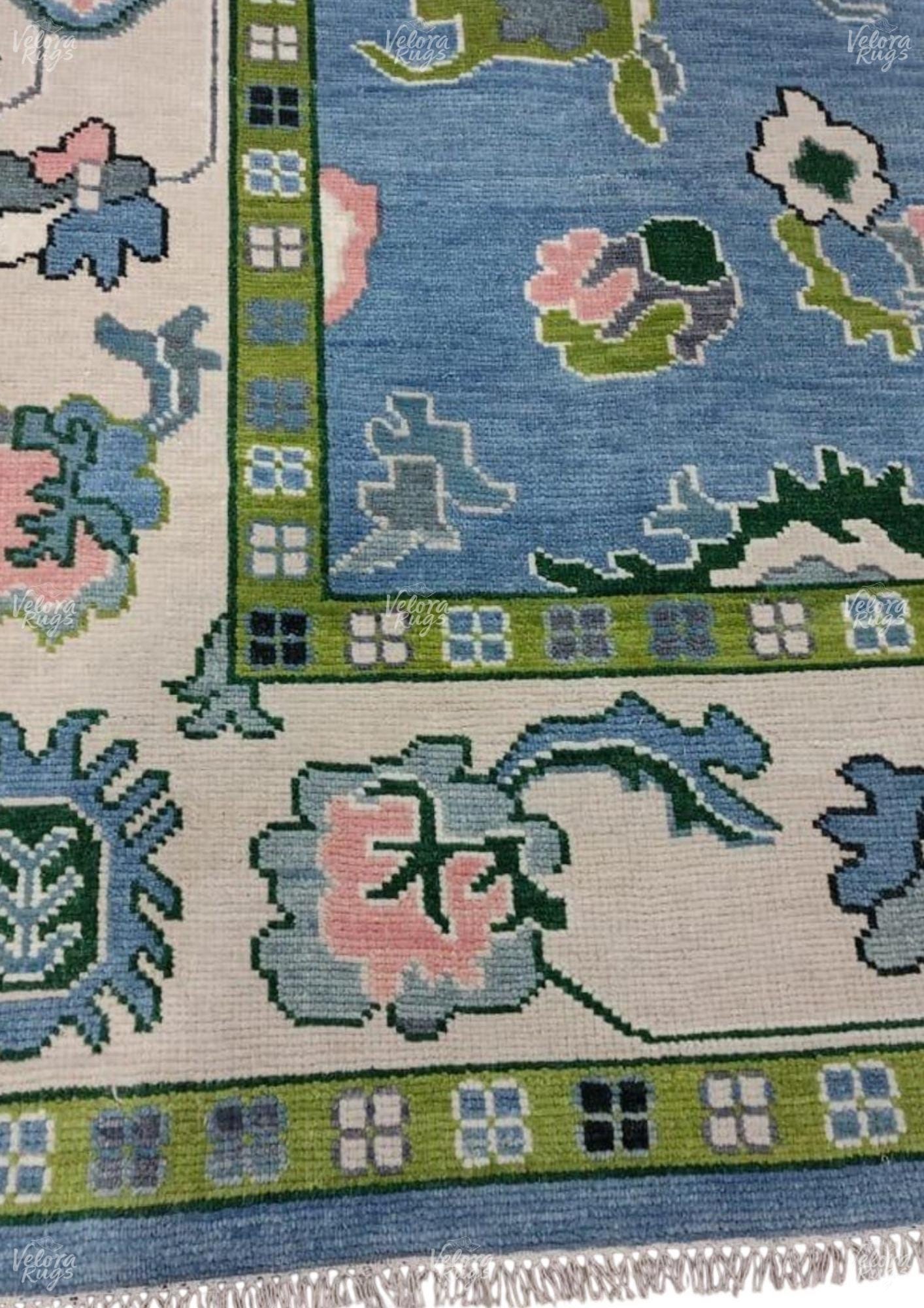 Sky Blue Hand-Knotted Oushak Rug, Turkish Vintage Style Wool Area Rug, Modern Geometric Design Carpet 6x9, 8x10,9x12 ft | Living Room Decor