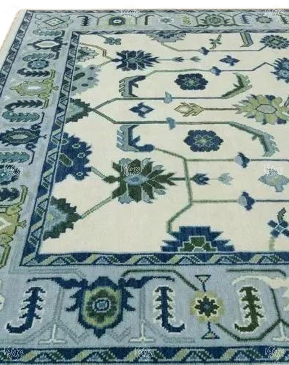 Ivory & Blue Indo Oushak Hand Knotted Rug 4x6, 5x8, 6x9, 8x10, 9x12, 10x14, 12x15 ft Handmade Rugs for Living Room - Antique Ethnic rug