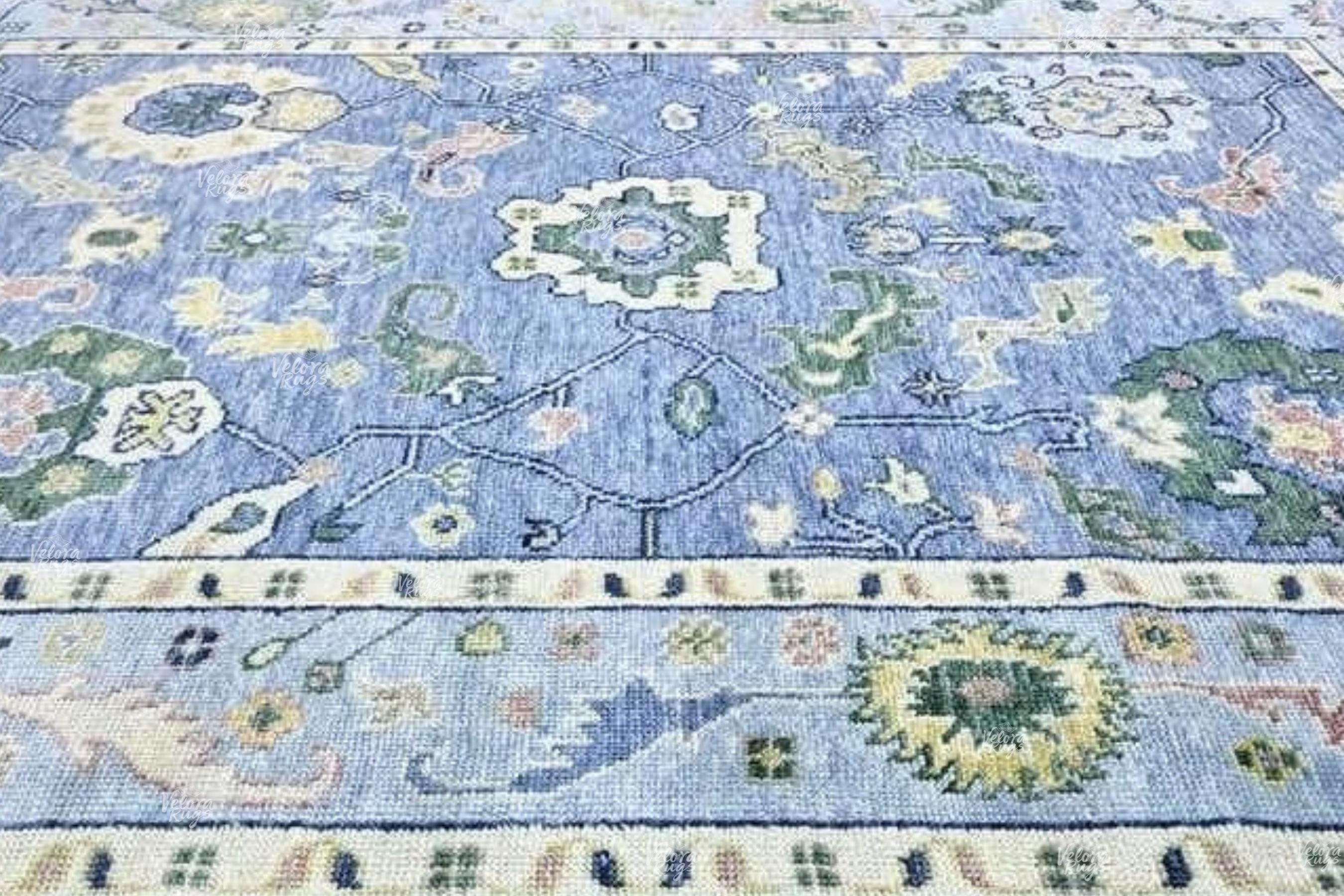 Elegant Blue Oushak Rug – 5x8, 6x9, 8x10, 9x12, 10x14 ft – Hand Knotted Wool Vintage Style Oriental Rug – Turkish Persian Living Room Carpet