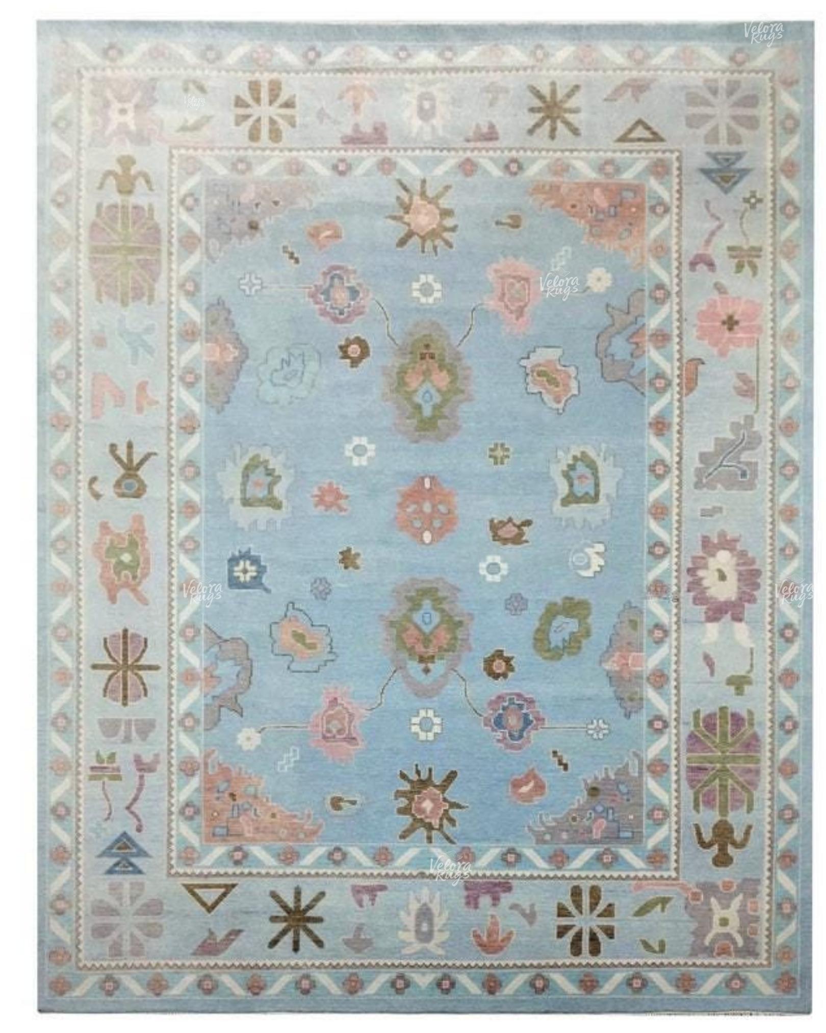 Light Blue Hand-Knotted Oushak Rug, Traditional Turkish Style Wool Area Rug, Handmade Rug for Living Room, Bedroom, or Dining | Custom sizes