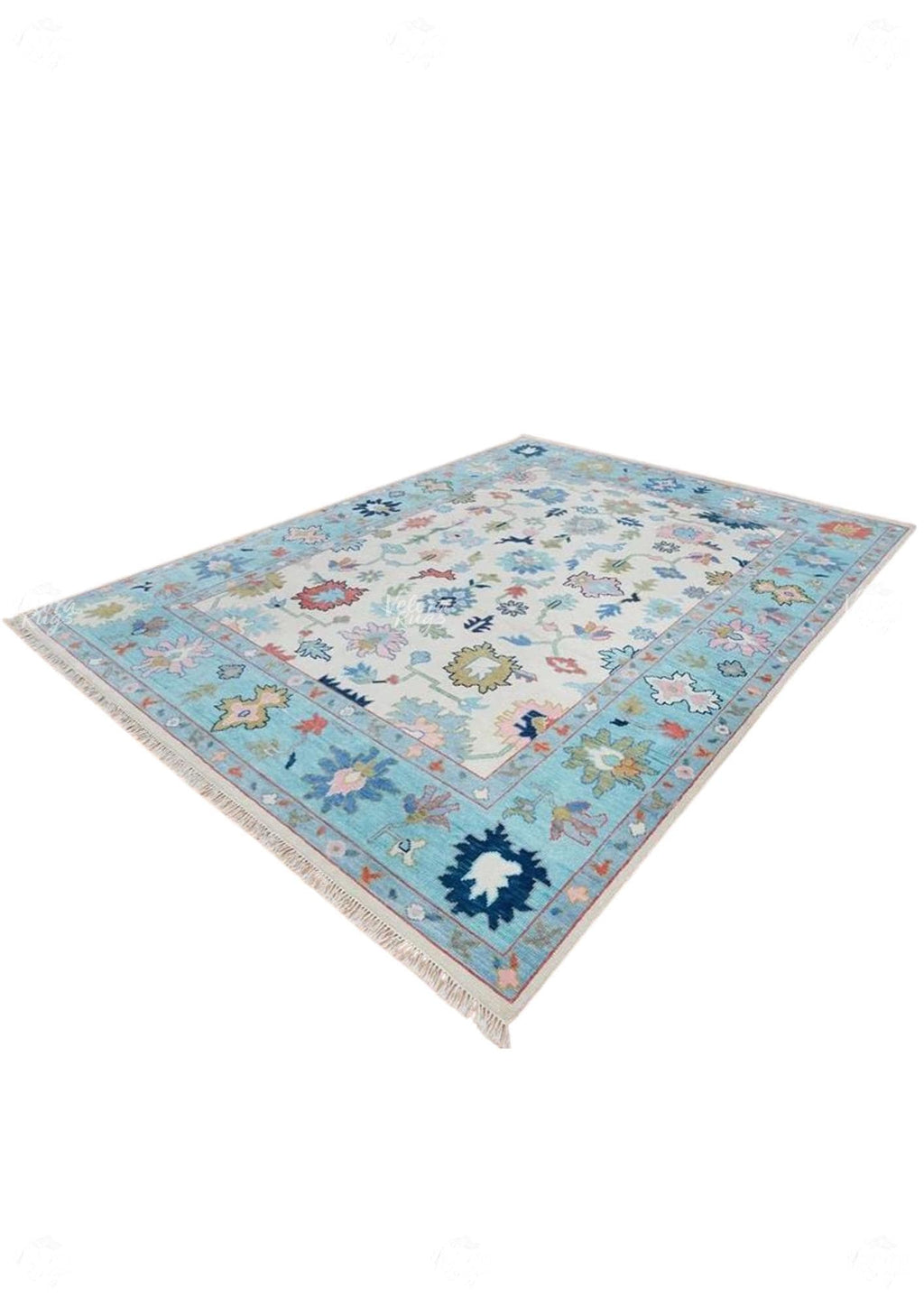 Hand-Knotted Oushak Wool Rug: Beige & Light Blue Turkish Carpet