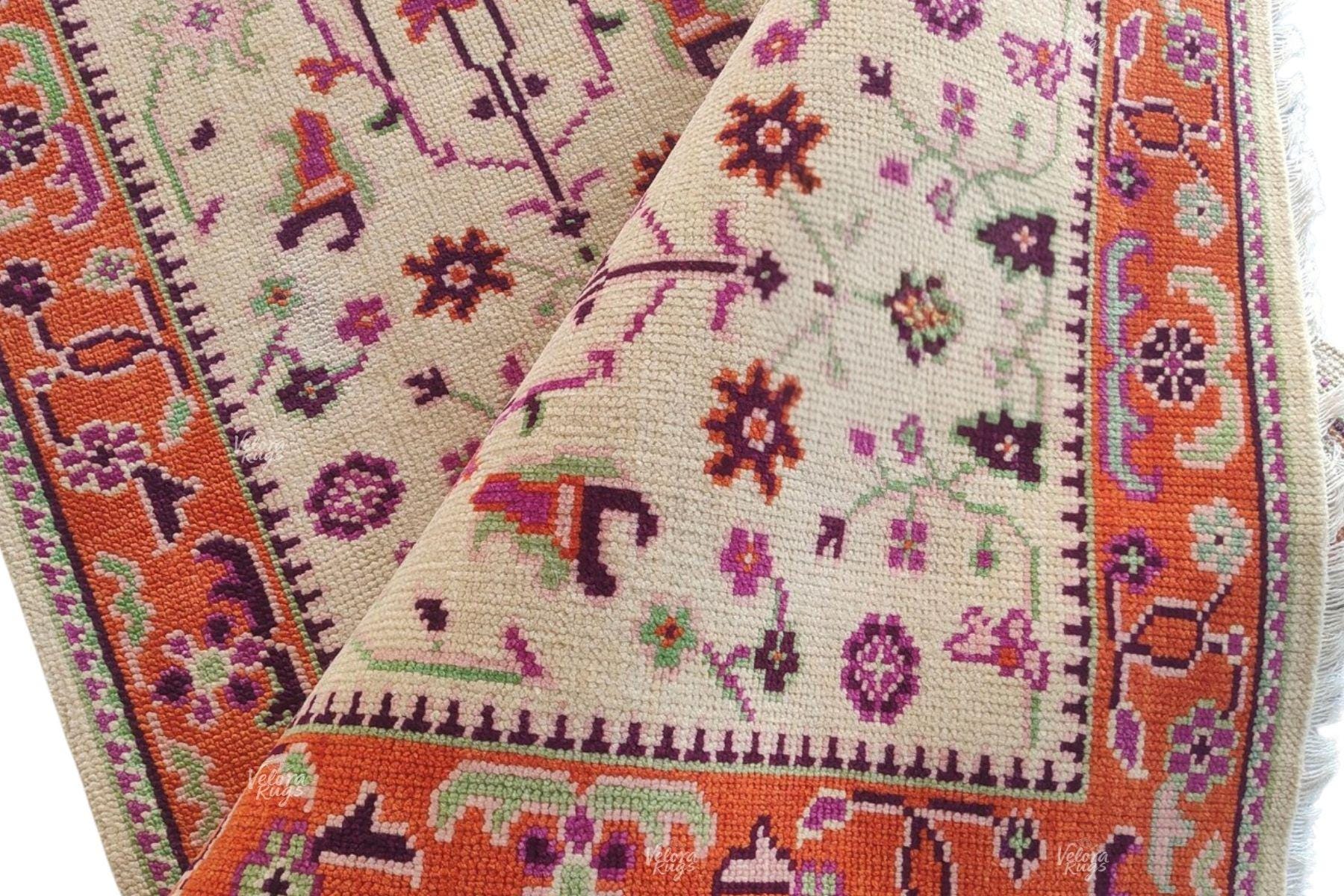 Handmade Beige Orange Runner Rug – Vintage Floral Turkish Hallway Woolen Carpet – Long Boho Accent Rug for Entryway, Kitchen, Bedroom Décor