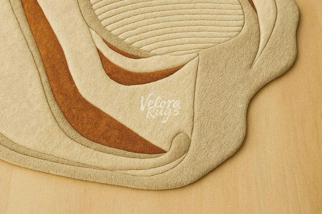 Beige Tufted Wool Rug – Abstract Modern Area Carpet | 3D Textured Handmade Rug with Rust Accents | Neutral Organic Shape Home Decor