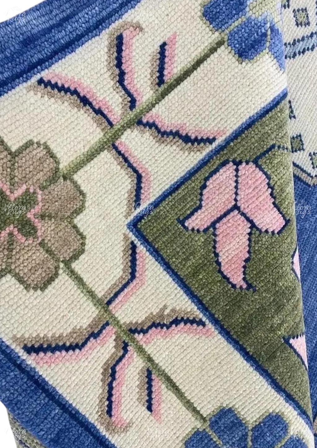 Hand-Knotted Oushak Wool Rug: Blue, Beige & Ivory Turkish Area Rug