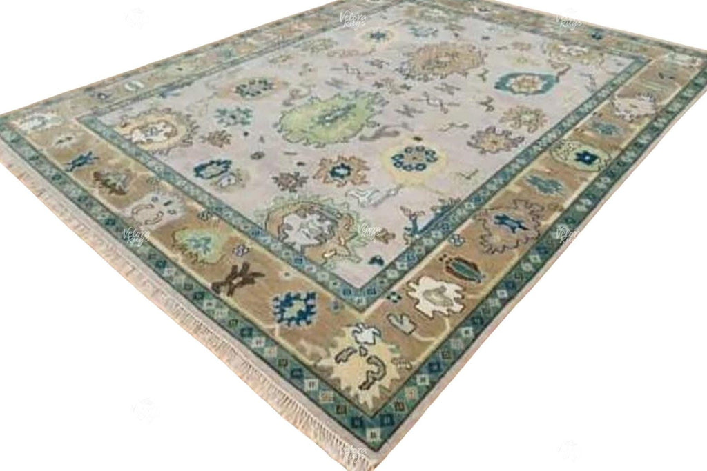 Hand Knotted Wool Oushak Rug | Beige and Green Oriental Area Carpet | Traditional Turkish Style Floral Design | Living Room Home Decor Rug