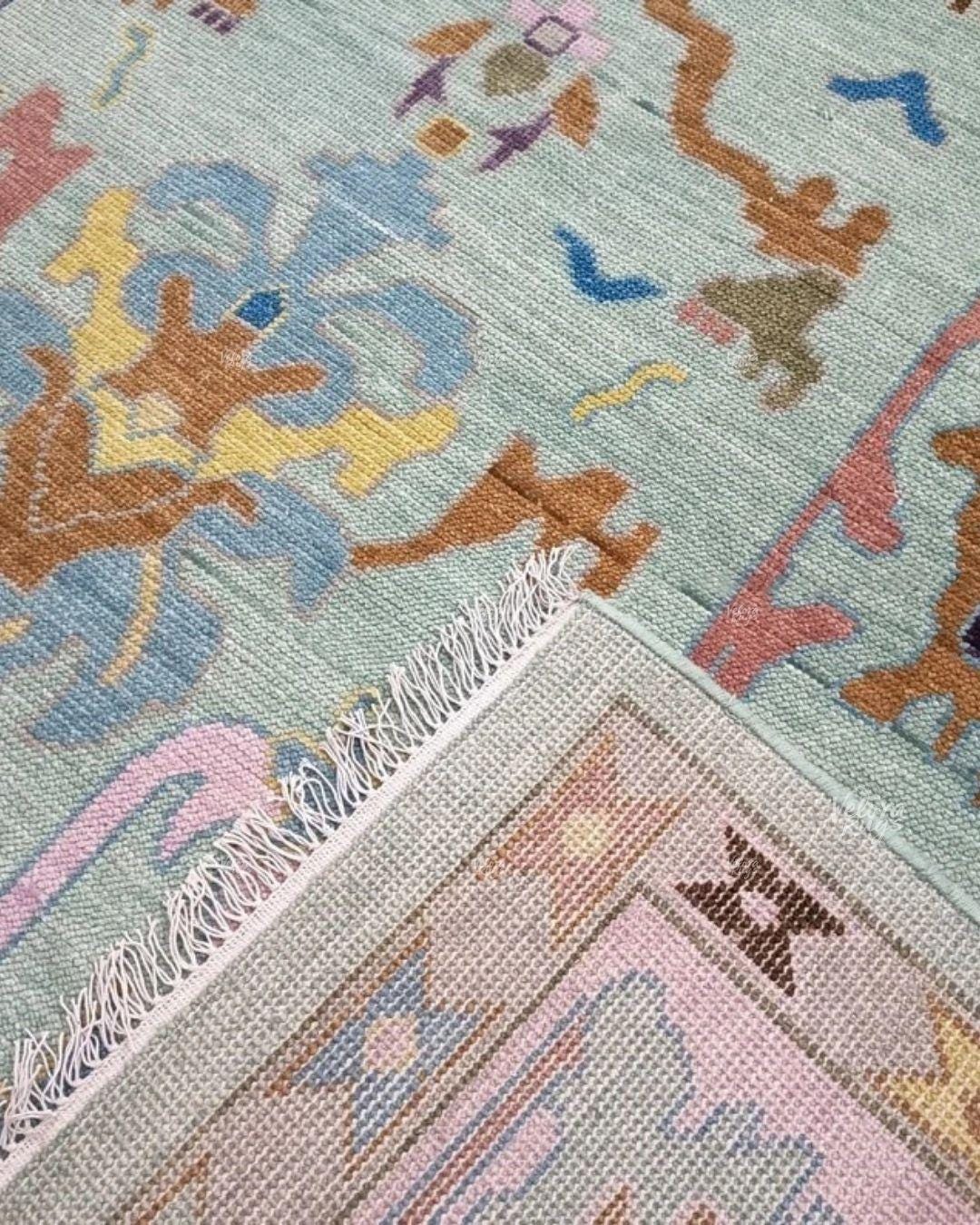 Mint Green Hand-Knotted Turkish Oushak Rug | Pastel Multicolor Area Rug | Soft Vintage Style Wool Rug | Custom Size Living Room Decor
