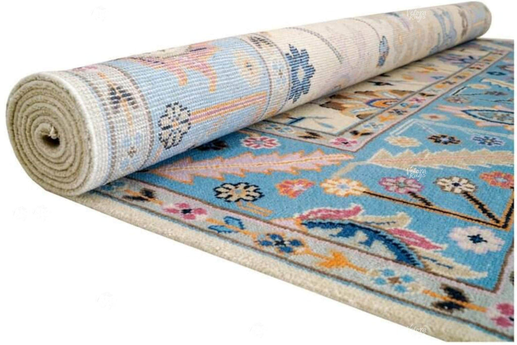 Cream- Lt. Blue Oushak style Hand Knotted Rug 4x6, 5x8, 6x9, 8x10, 9x12, 10x14 ft Contemporary Handmade Rugs for Living Room, Bedroom & Hall