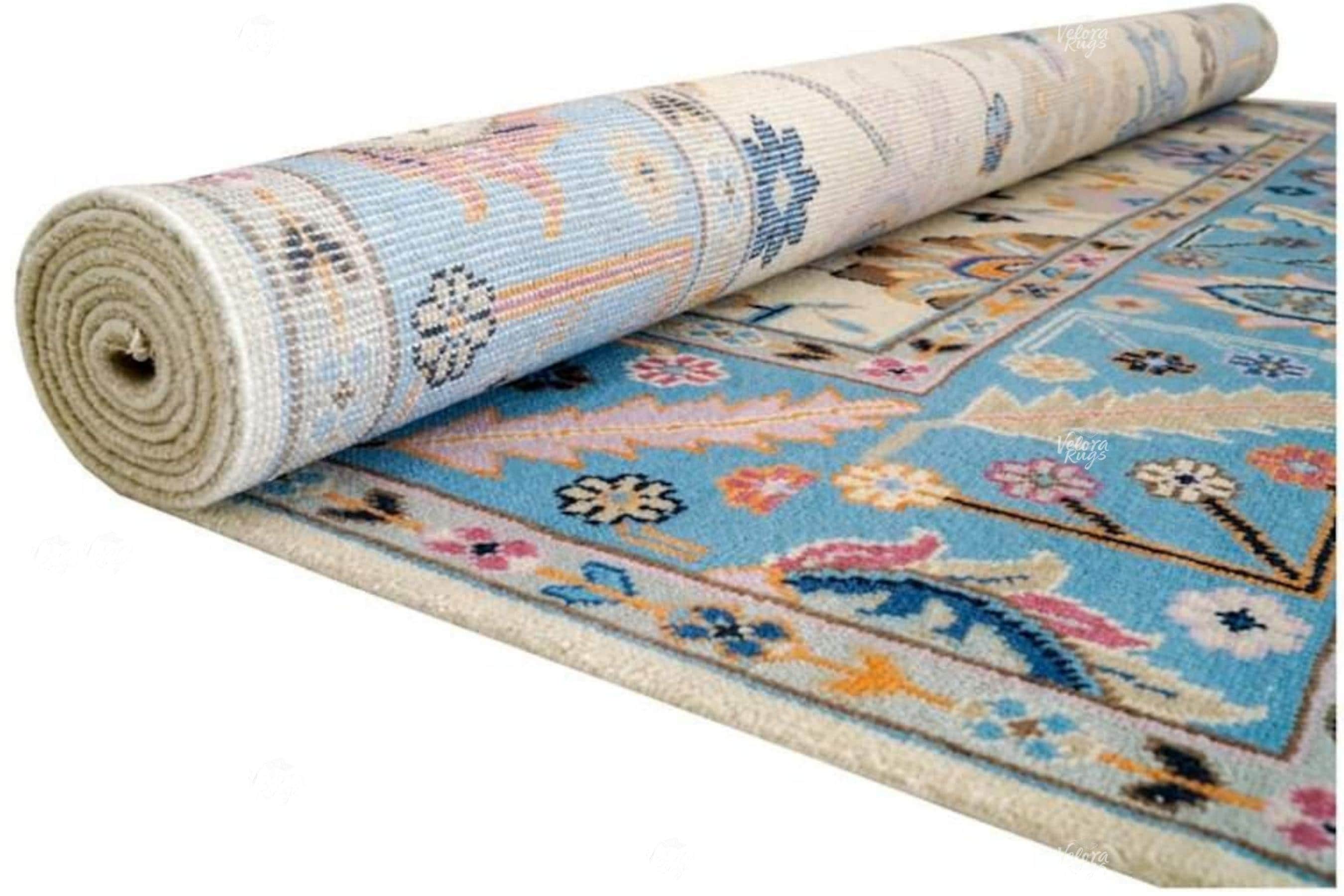 Cream- Lt. Blue Oushak style Hand Knotted Rug 4x6, 5x8, 6x9, 8x10, 9x12, 10x14 ft Contemporary Handmade Rugs for Living Room, Bedroom & Hall