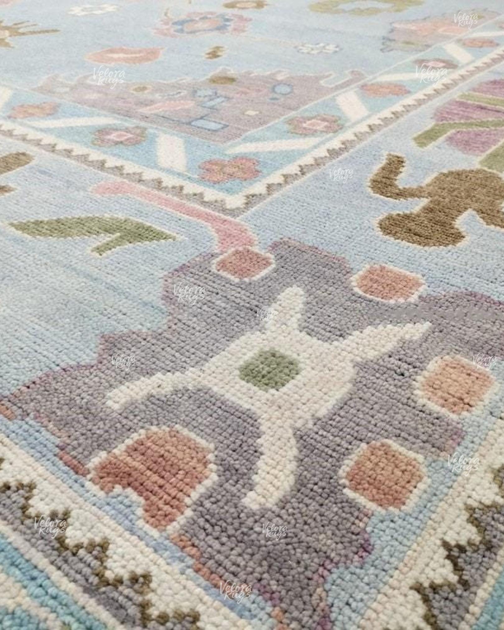 Light Blue Hand-Knotted Oushak Rug, Traditional Turkish Style Wool Area Rug, Handmade Rug for Living Room, Bedroom, or Dining | Custom sizes