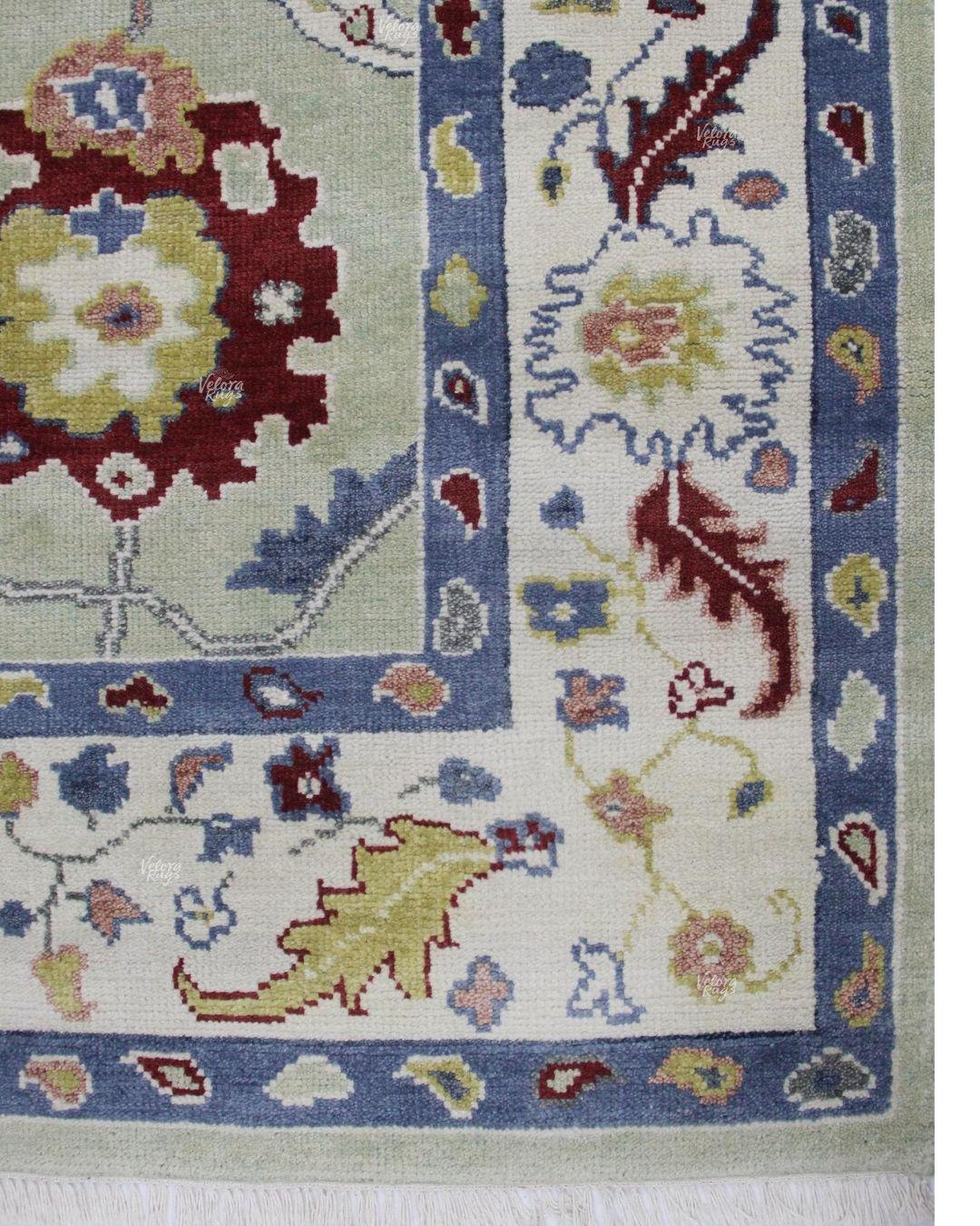 Handmade Sage Green Indo Oushak Rug, Multicolor Wool Area Carpet 6x9, 8x10 – Antique Turkish Design Floral Motifs for Living Room & Bedroom