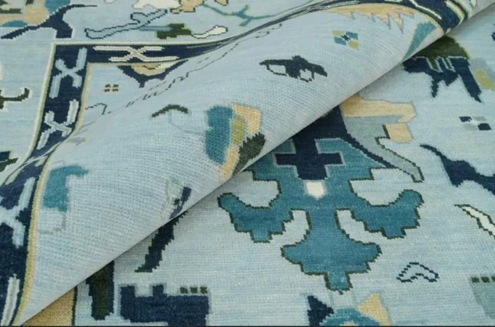 Blue Modern Oushak Hand Knotted Rug – 4x6, 5x8, 6x9, 8x10, 9x12, 10x14 ft – Handmade Wool Rug – Antique Style Contemporary Living Room Decor