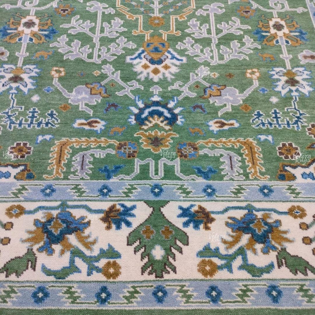 Green Hand-Knotted Wool Area Rug | Traditional Oriental Oushak Design | Vintage Turkish Style Carpet | Bohemian Living Room Rug  And Bedroom