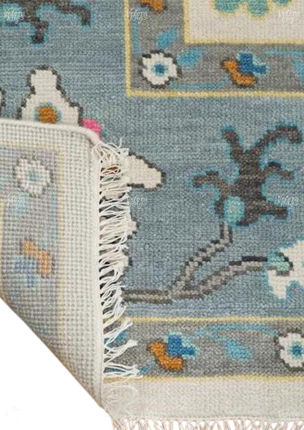 Hand-Knotted Oushak Wool Rug: Beige & Blue Turkish Area Carpet