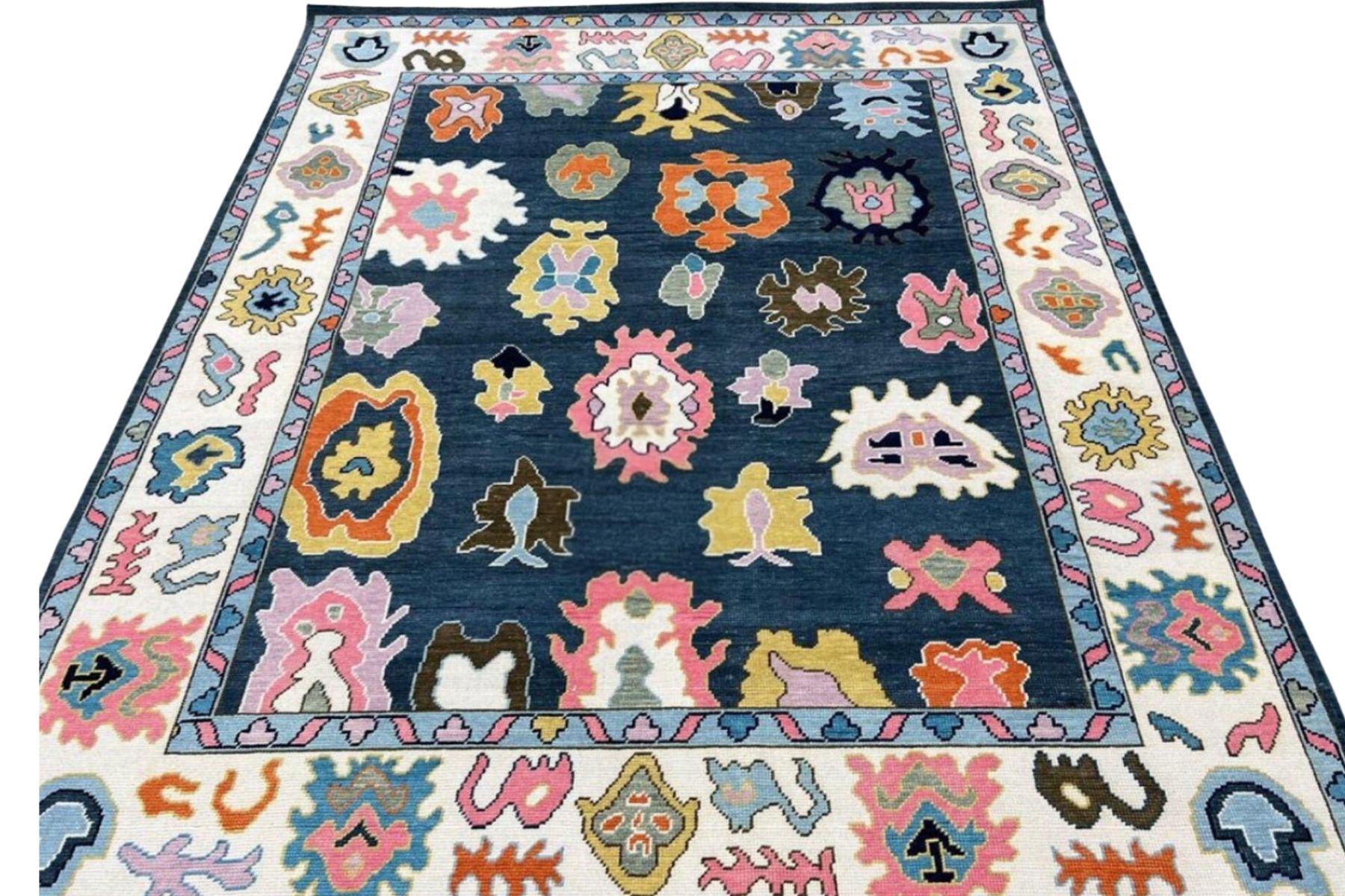 Bright Blue White Oushak Rug - Hand Knotted Wool, Antique Style Modern Abstract Handmade Area Rug in 8x10, 9x12 ft for Living Room & Bedroom