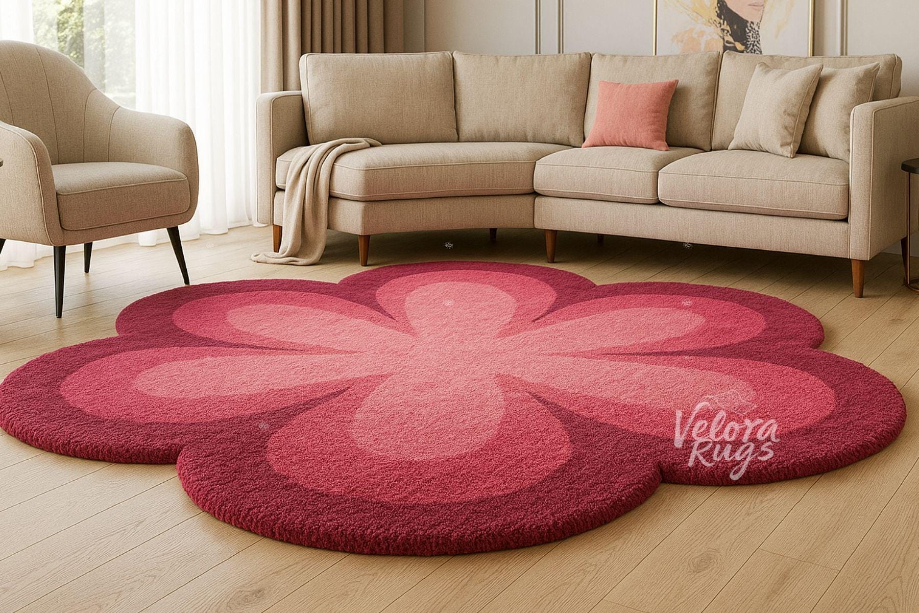 Pink Flower Shaped Tufted Wool Rug – Handcrafted Modern Bloom Carpet for Living Room, Cute Round Accent Rug, Soft Floral Area Rug