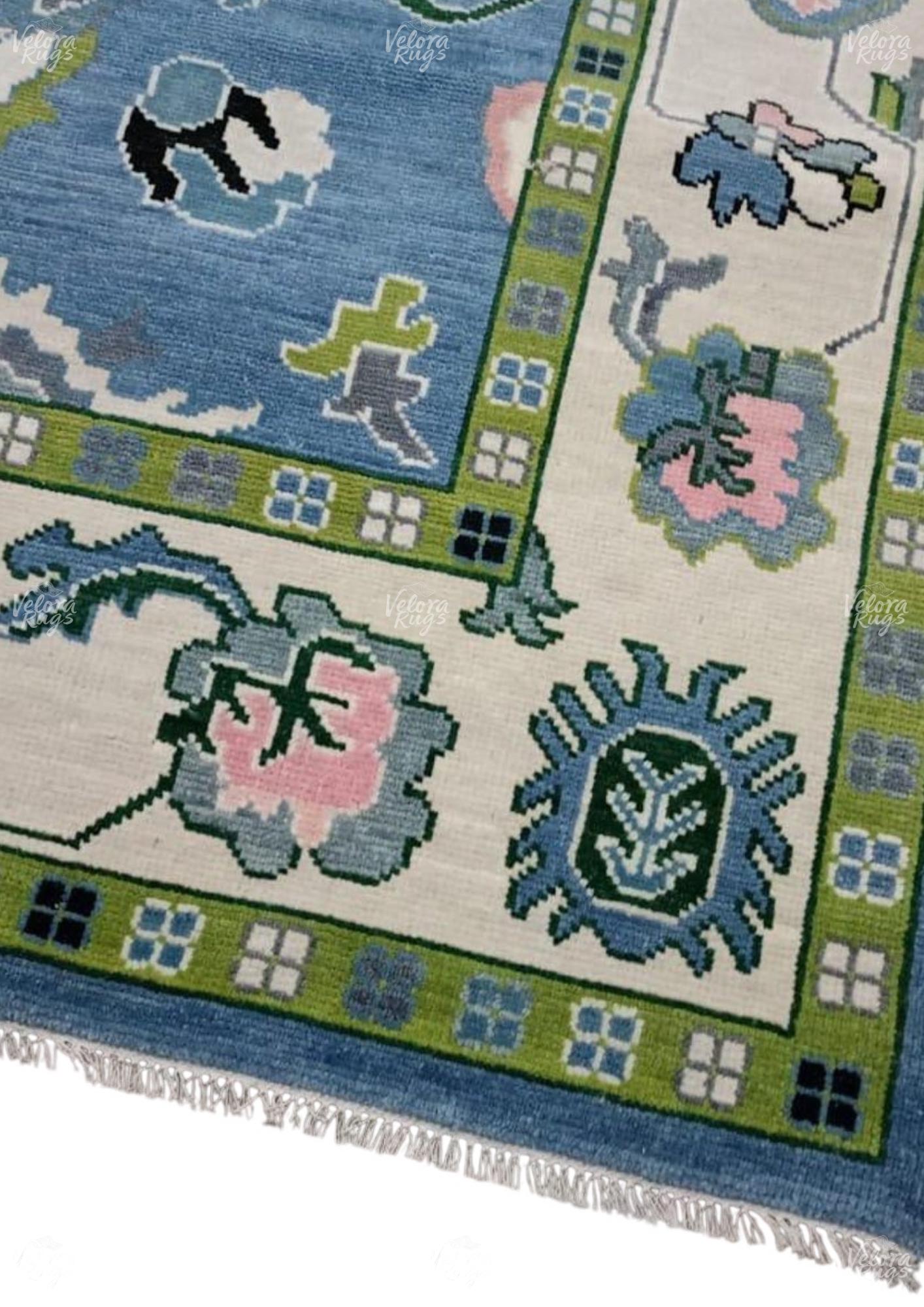 Sky Blue Hand-Knotted Oushak Rug, Turkish Vintage Style Wool Area Rug, Modern Geometric Design Carpet 6x9, 8x10,9x12 ft | Living Room Decor