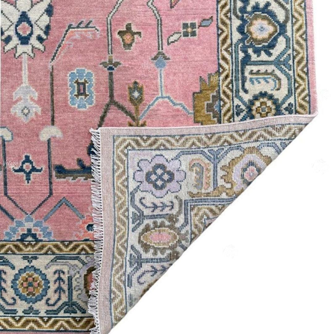 Hand Knotted Pink Wool Rug | Oushak Oriental Area Carpet | Vintage Turkish Style Floral Design | Living Room Boho Home Decor Rug