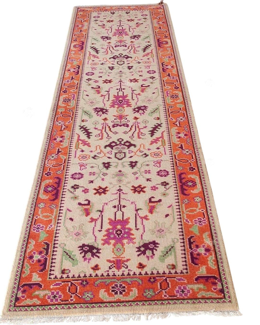 Handmade Beige Orange Runner Rug – Vintage Floral Turkish Hallway Woolen Carpet – Long Boho Accent Rug for Entryway, Kitchen, Bedroom Décor
