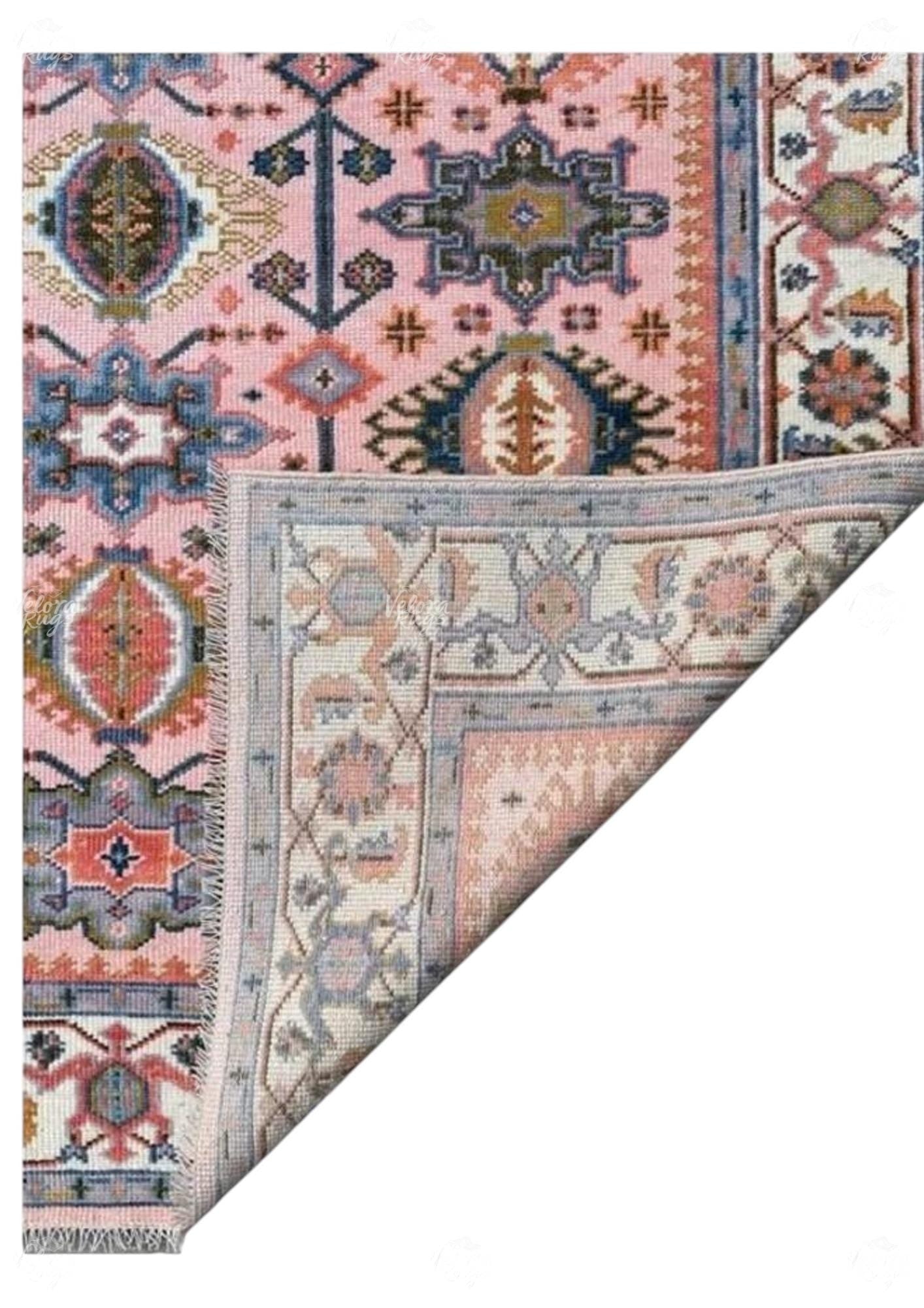 Hand-Knotted Pink Oushak Wool Rug: Turkish Style, Ivory Accents